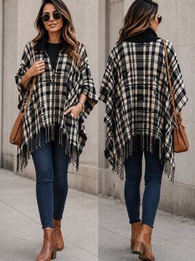 Modena Black White Plaid Zip Front Poncho Cape One Size